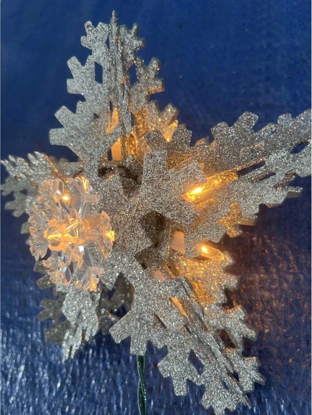 Christmas Tree Topper Silver Glitter Snowflake Star Lighted Christmas Ornament